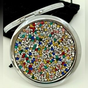 LOW START NEW Round Compact Double Mirror - Multicolor Crystal Accent,  3” diam,